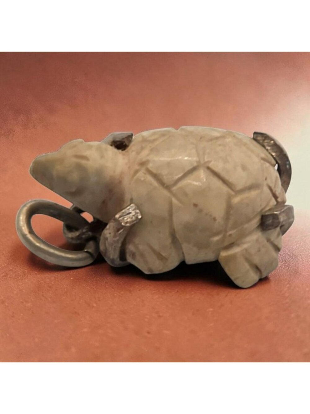 Vintage Hand-Carved Stone Turtle Pendant Charm 925 Sterling Silver Frame